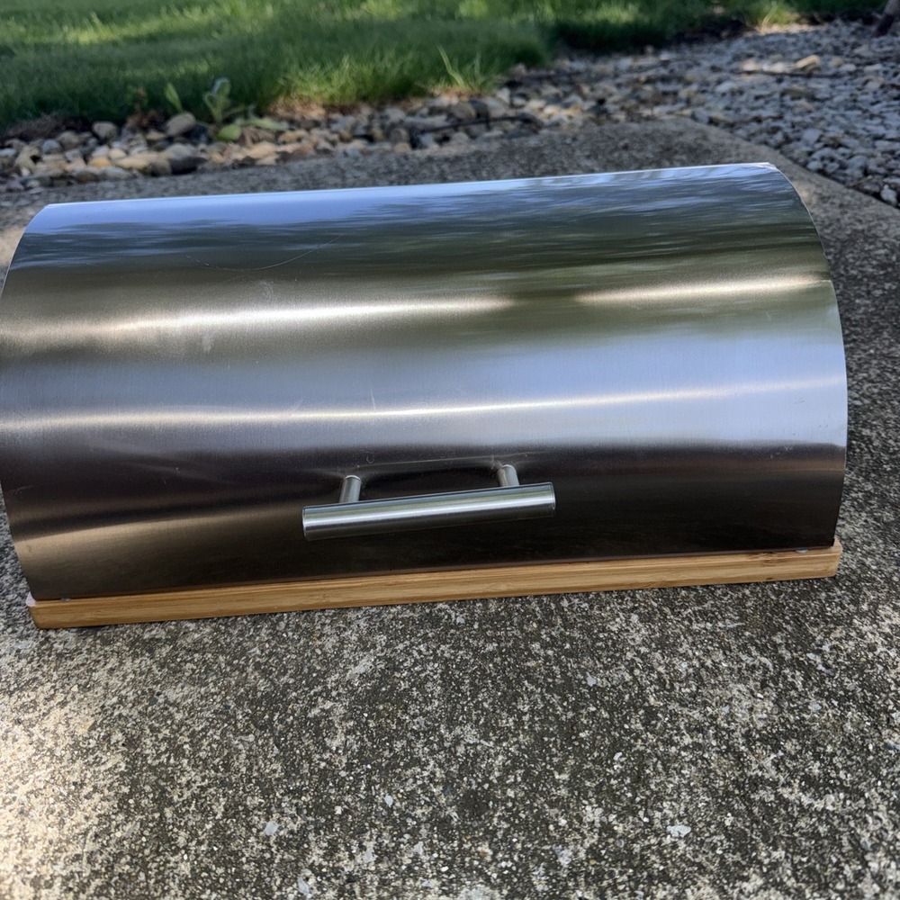 Stainless Steel Bread Box Storage Bin W/ Bamboo Board & Handle Kitchen Storage